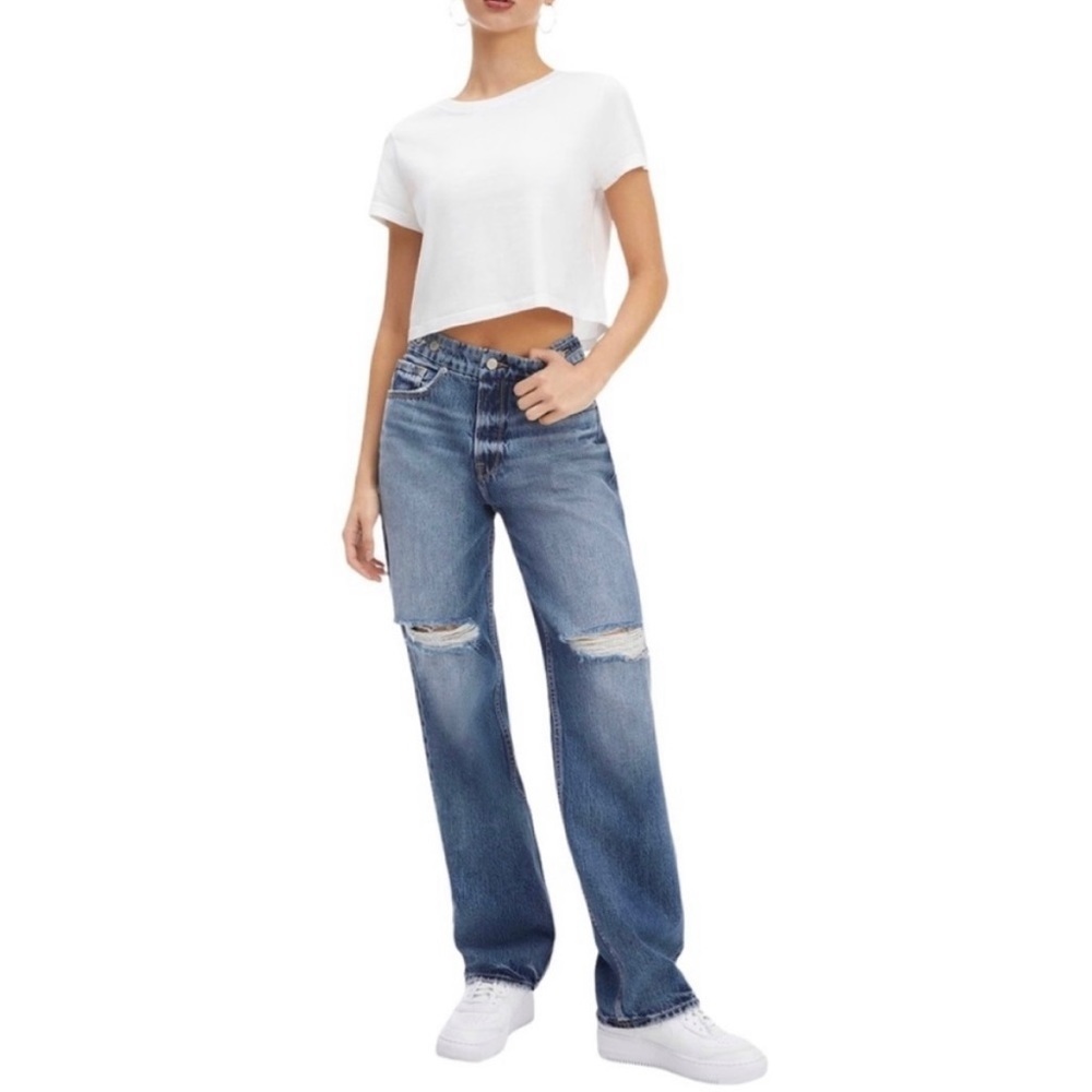 NWT GOOD AMERICAN Good '90s High Rise Ripped Distressed Straight Leg Jeans Sz 8